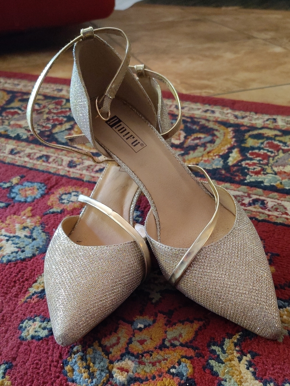 Gold Pointed Toe Ankle Strap Women’s Kitten Heels